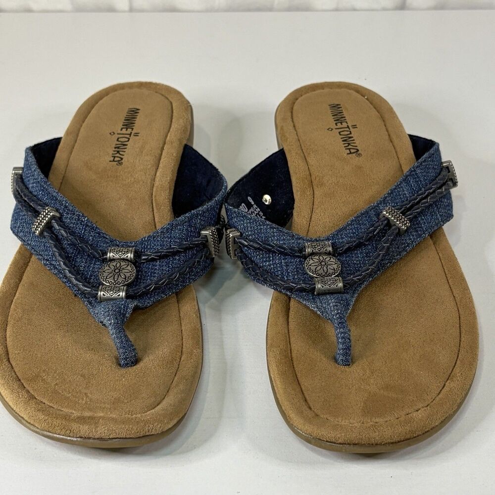 Minnetonka Silverthorne 360 Womens Blue Denim Flip-Flops Sandals Beads Shoes 9